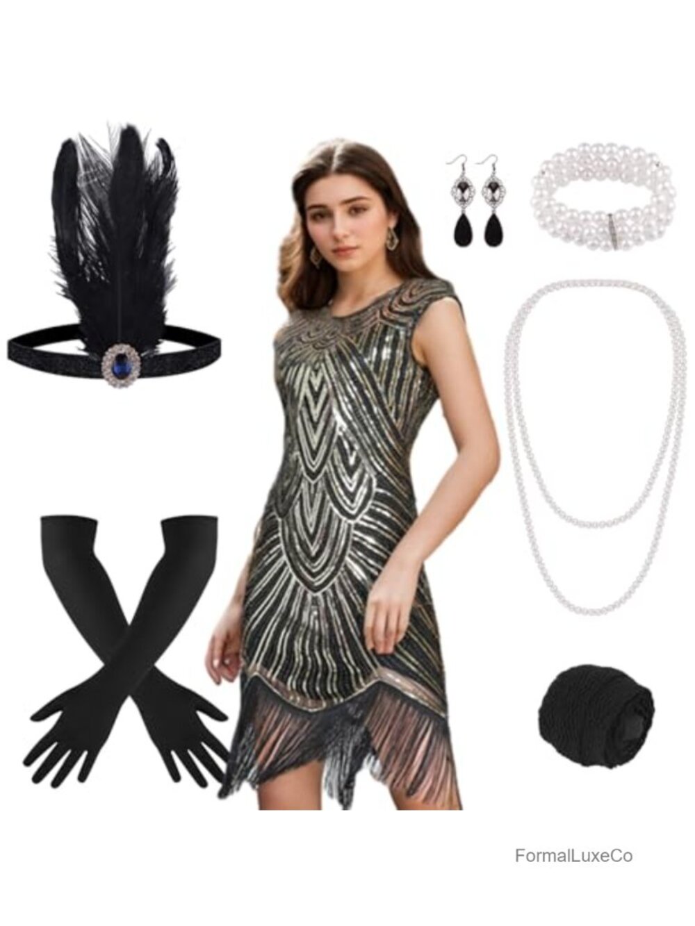 1920s Sequin Fringed Flapper Dress with 20s Accessories Set